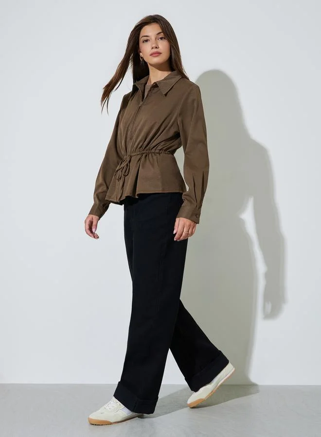ستايلي Brown Long Sleeve Drawcord Waist Shirt