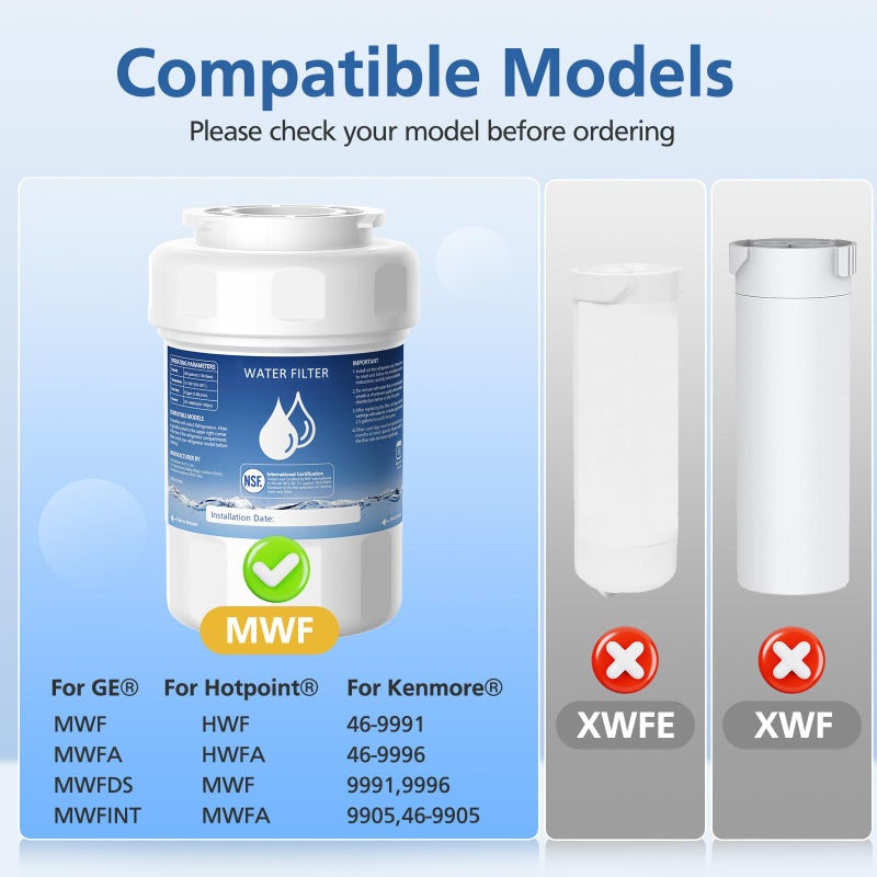 Caehomly MWF Water Filter Compatible with GEÂ® MWFÂ®, SmartWater MWFP, MWFA, MWFINT, GWF, GWFA, HDX FMG-1, KenmoreÂ® 9991, High Efficiency Filtration and Every 6 Months Value, NSF Certified, 4 Pack - Image 3