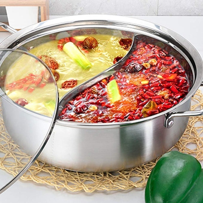 304 FOOD GRADE STAINLESS STEEL SHABU SHABU HOT POT WITH DIVIDERLID FOR INDUCTION COOKTOP GAS STOVE DUAL SIDED SOUP COOKWARE