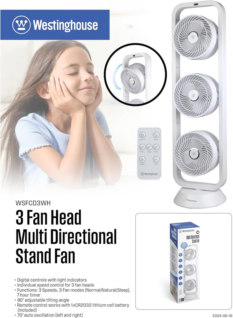 Westinghouse Westinghouse USA Triple-Head Tower Fan – Adjustable  Multi-Directional Airflow, 3 Speed Settings, Remote Control & Digital Touch Panel – Sleek White Design  - Image 3