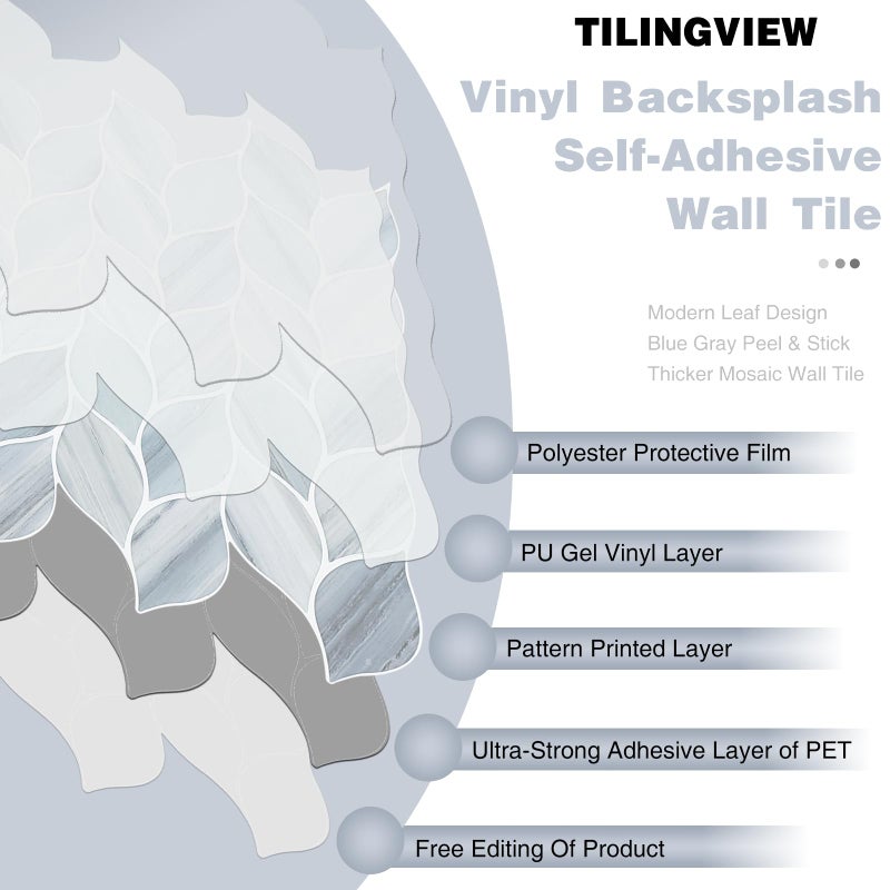 Tilingview 10 Pcs Vinyl Leaf Peel and Stick Tile for Kitchen Backsplash, Premium Self-Adhesive Tiles Plastic Wall Stickers Art Mosaics (Blue Gray) - Image 5