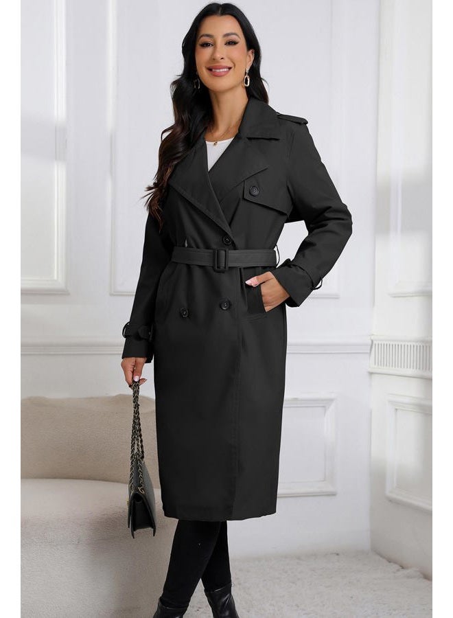 RISISSIDA Women Double-Breasted Trench Coat,Casual and Business Overcoat,Knee-Length,Adjustable Buckle Sleeves,Removable Belt, Black, L - Image 2