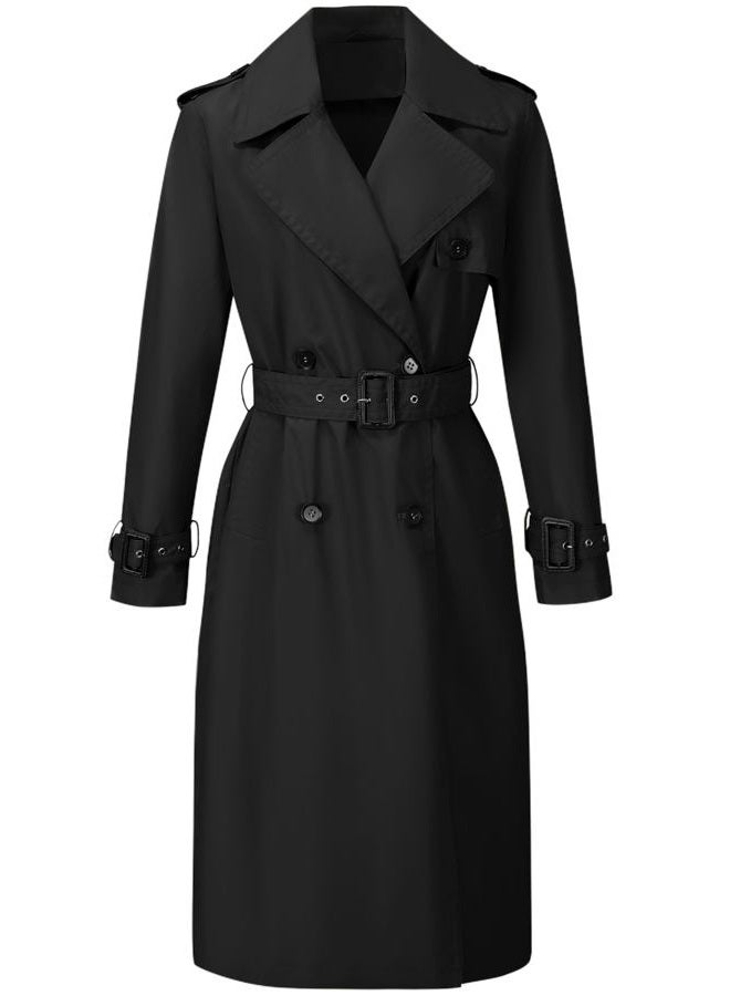RISISSIDA Women Double-Breasted Trench Coat,Casual and Business Overcoat,Knee-Length,Adjustable Buckle Sleeves,Removable Belt, Black, L - Image 1