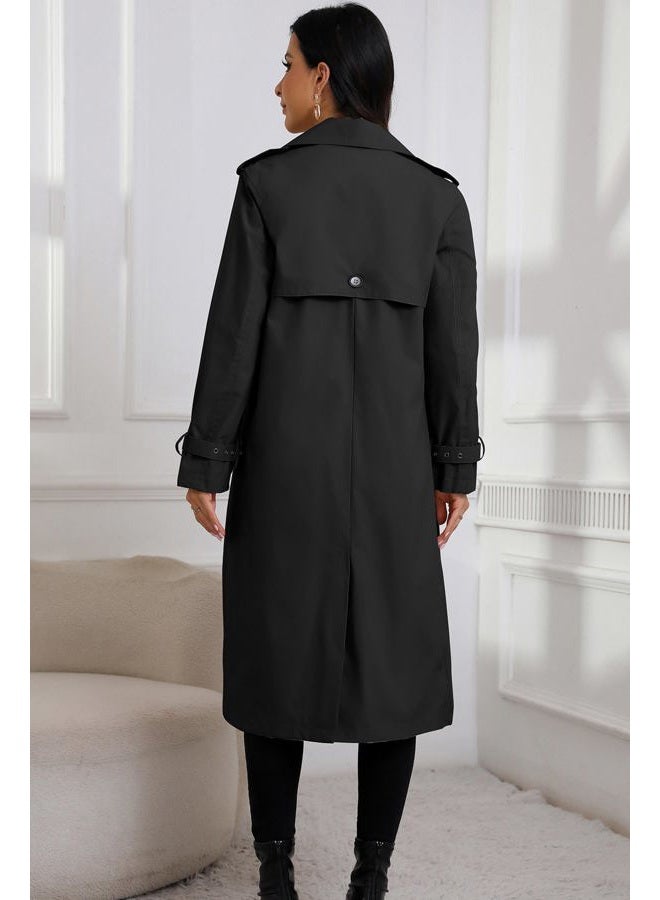 RISISSIDA Women Double-Breasted Trench Coat,Casual and Business Overcoat,Knee-Length,Adjustable Buckle Sleeves,Removable Belt, Black, L - Image 3