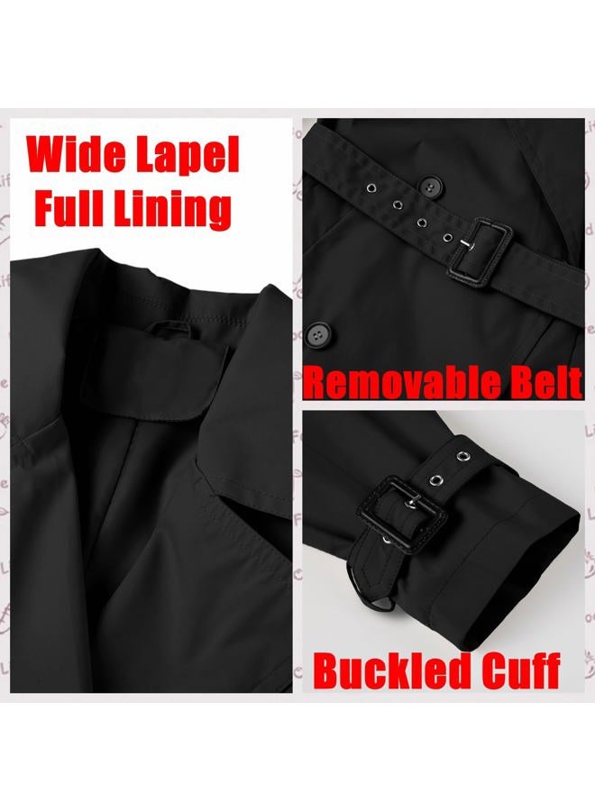 RISISSIDA Women Double-Breasted Trench Coat,Casual and Business Overcoat,Knee-Length,Adjustable Buckle Sleeves,Removable Belt, Black, L - Image 4