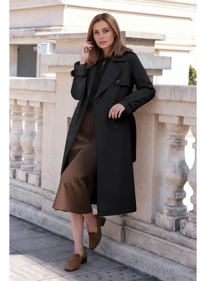 RISISSIDA Women Double-Breasted Trench Coat,Casual and Business Overcoat,Knee-Length,Adjustable Buckle Sleeves,Removable Belt, Black, L - Image 5