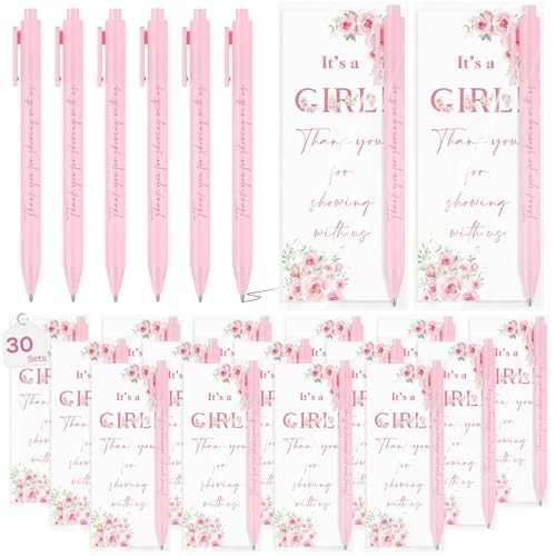 Stuffygreenus 30 Sets It's a Girl Pens for Guests Girl Party Favors Retractable Ballpoint Pen with Bookmarks Black Ink Gender Reveal Souvenirs Prizes Supplies - Image 1