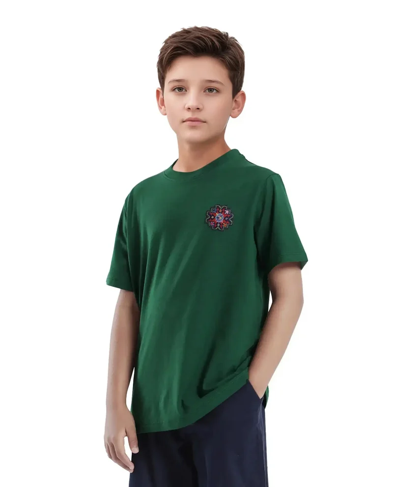 رير ونز Rare Ones Kids Orio Dark Green Cotton Blend Half Sleeve Printed Regular Fit T-Shirt