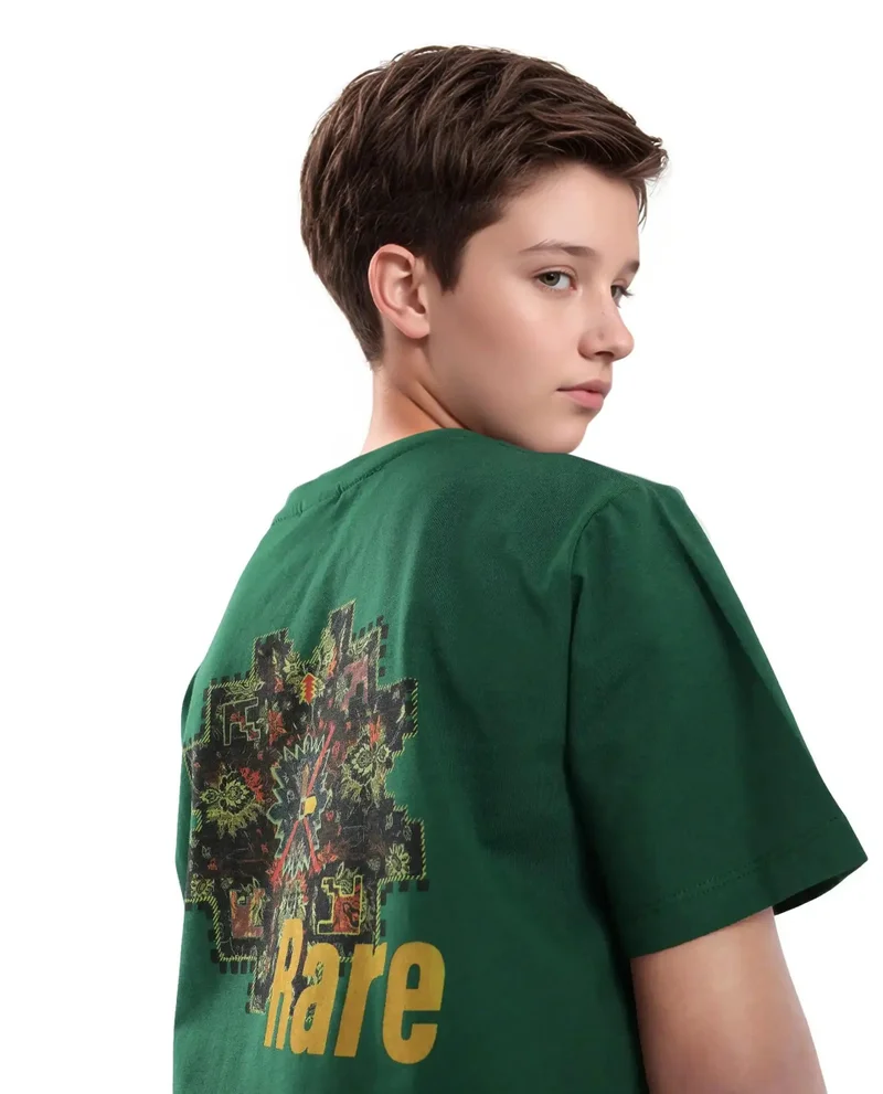 رير ونز Rare Ones Kids Orio Dark Green Cotton Blend Half Sleeve Printed Regular Fit T-Shirt