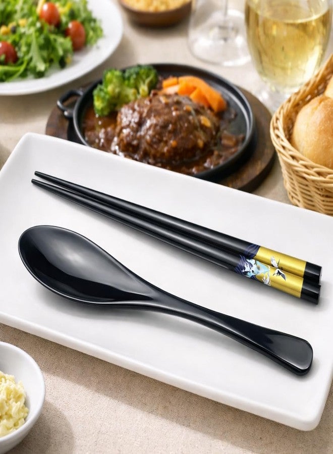 Terra Distribution Premium Japanese Chopsticks with Spoon Reusable [ Made in Japan ] Traditional Lacquer Art Wooden Chopsticks B (Golden Crane BK(TSS32)) - Image 5