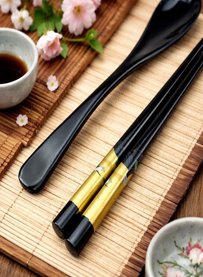 Terra Distribution Premium Japanese Chopsticks with Spoon Reusable [ Made in Japan ] Traditional Lacquer Art Wooden Chopsticks B (Golden Crane BK(TSS32)) - Image 3