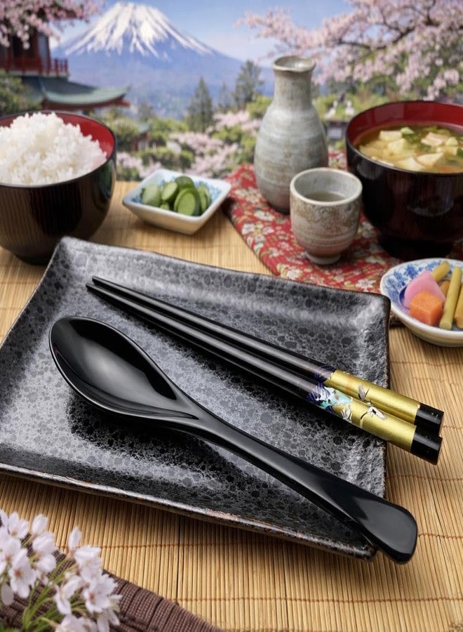 Terra Distribution Premium Japanese Chopsticks with Spoon Reusable [ Made in Japan ] Traditional Lacquer Art Wooden Chopsticks B (Golden Crane BK(TSS32)) - Image 4