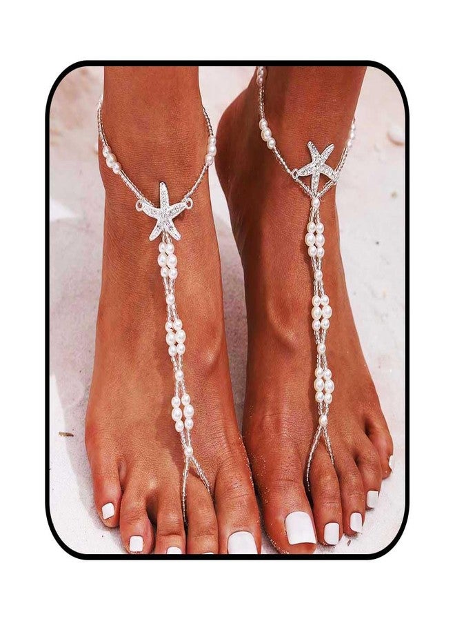 Obmyec Boho Pearl Barefoot Sandals Beaded Anklets Bracelet Starfish Wedding Foot Chain 2pcs for Women (Starfish-1) - Image 1