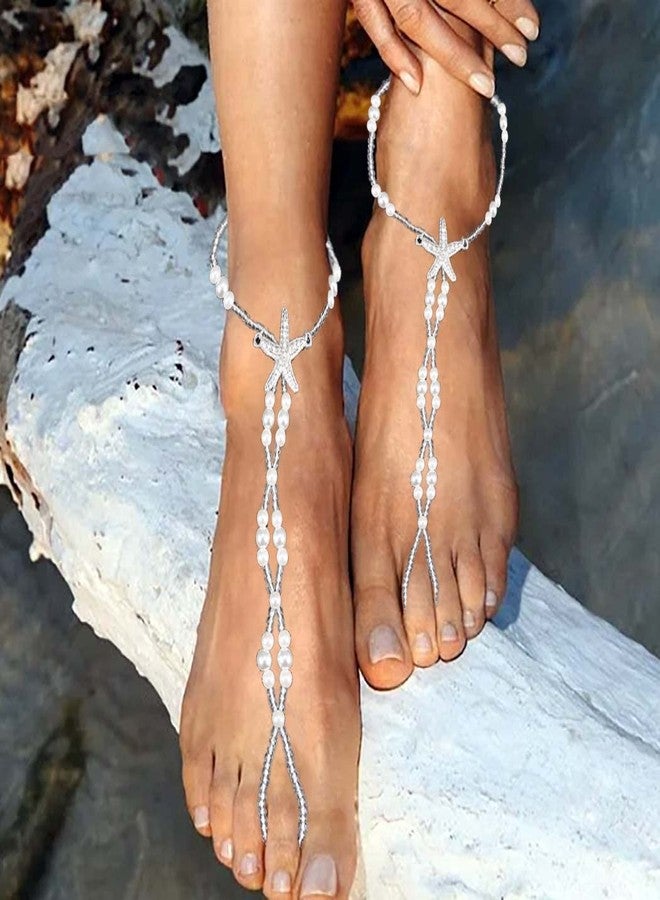 Obmyec Boho Pearl Barefoot Sandals Beaded Anklets Bracelet Starfish Wedding Foot Chain 2pcs for Women (Starfish-1) - Image 4