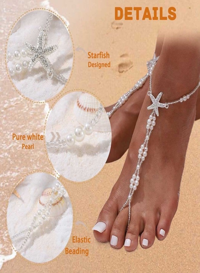 Obmyec Boho Pearl Barefoot Sandals Beaded Anklets Bracelet Starfish Wedding Foot Chain 2pcs for Women (Starfish-1) - Image 3