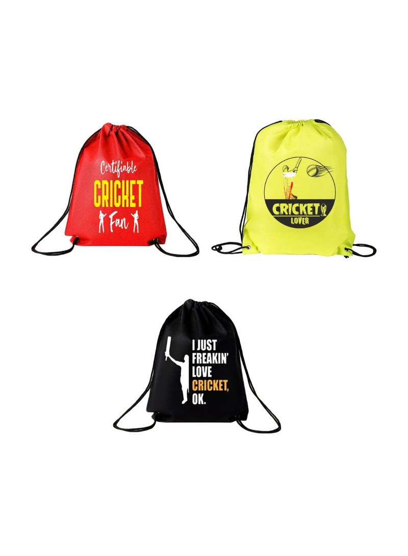 PRINTSHOP4ME Pack Of 3 Drawstring Bags With Cricket Design-Durable Sports Backpack For Adults,Great For Gym,Travel And Everyday Use,Lightweight With Cricket Print For Everyday Use - Image 1