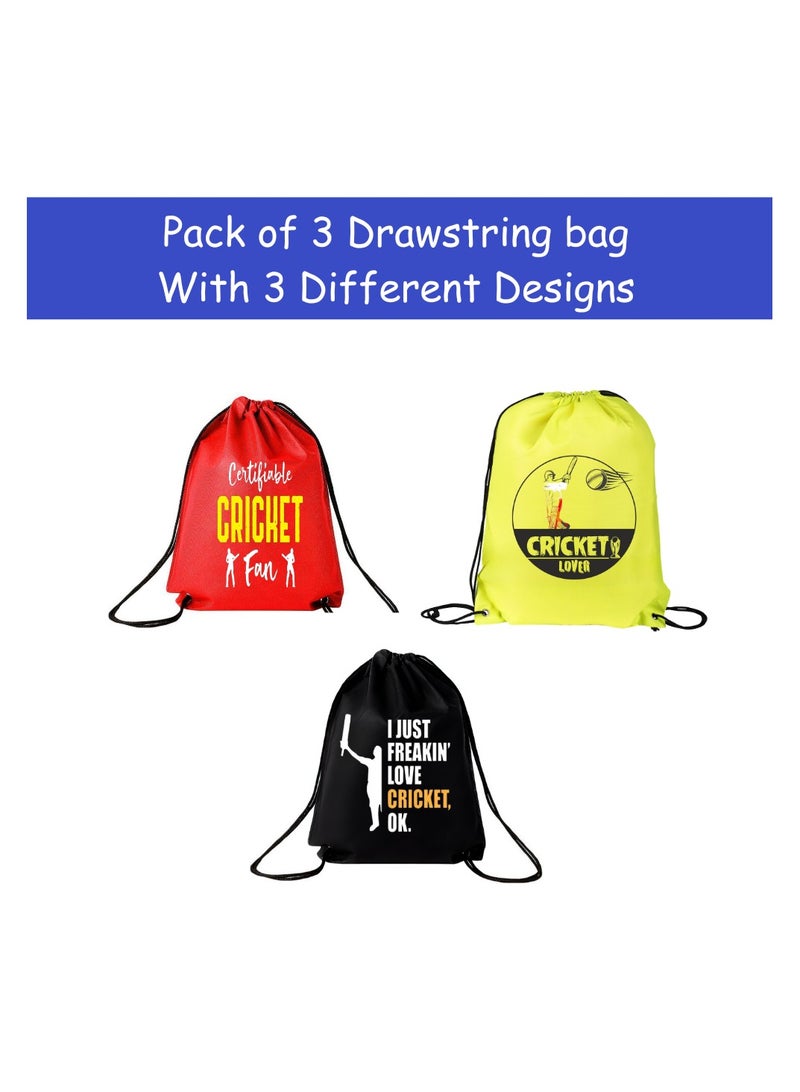 PRINTSHOP4ME Pack Of 3 Drawstring Bags With Cricket Design-Durable Sports Backpack For Adults,Great For Gym,Travel And Everyday Use,Lightweight With Cricket Print For Everyday Use - Image 2