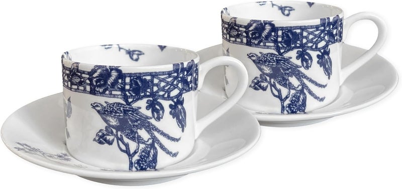 CASKATA Chinoiserie Toile Cups and Saucers Set of 2  Bone China Blue Teacups and Saucers for Entertaining or Everyday  Perfect for Wedding Birthday Christmas  Holiday Gifts  6 oz - Image 1