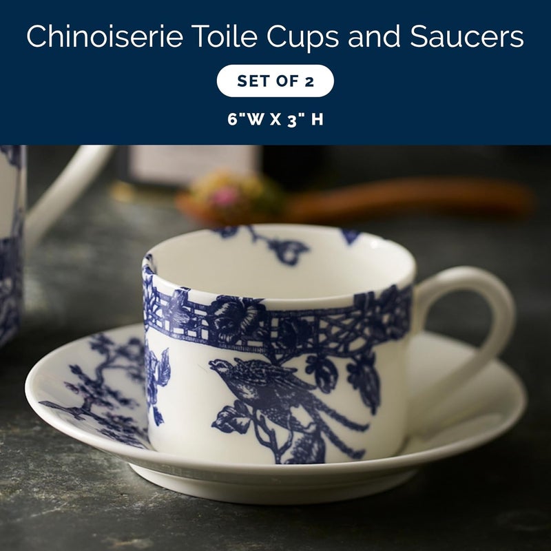 CASKATA Chinoiserie Toile Cups and Saucers Set of 2  Bone China Blue Teacups and Saucers for Entertaining or Everyday  Perfect for Wedding Birthday Christmas  Holiday Gifts  6 oz - Image 2