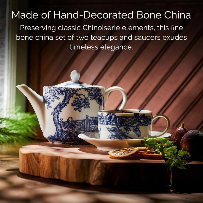 CASKATA Chinoiserie Toile Cups and Saucers Set of 2  Bone China Blue Teacups and Saucers for Entertaining or Everyday  Perfect for Wedding Birthday Christmas  Holiday Gifts  6 oz - Image 4