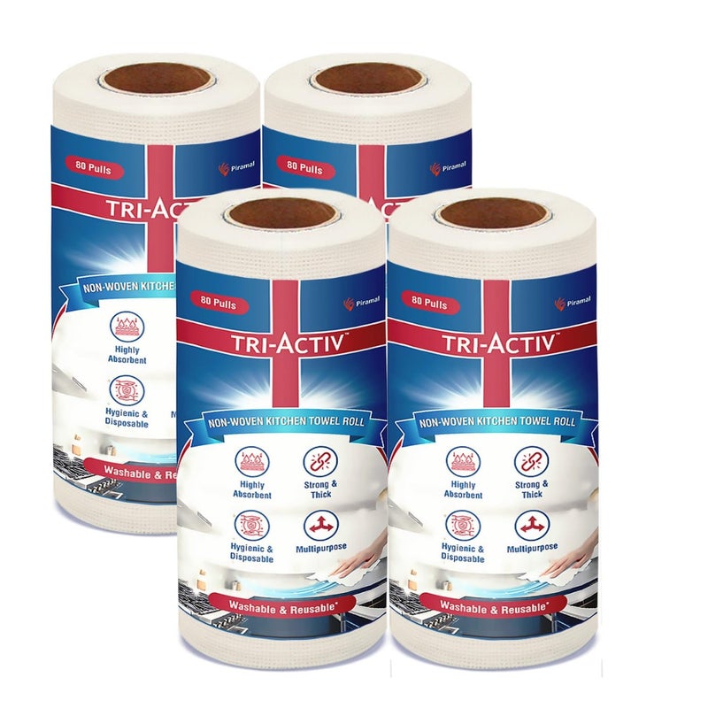 TRI-ACTIV Washable & Reusable Kitchen Towel Roll | 80 Pulls per Roll, 320 Sheets Pack of 4 | Highly Absorbent Kitchen Tissue Roll | Non Woven Fabric | Better alternative to Paper Tissue Roll | White - Image 1