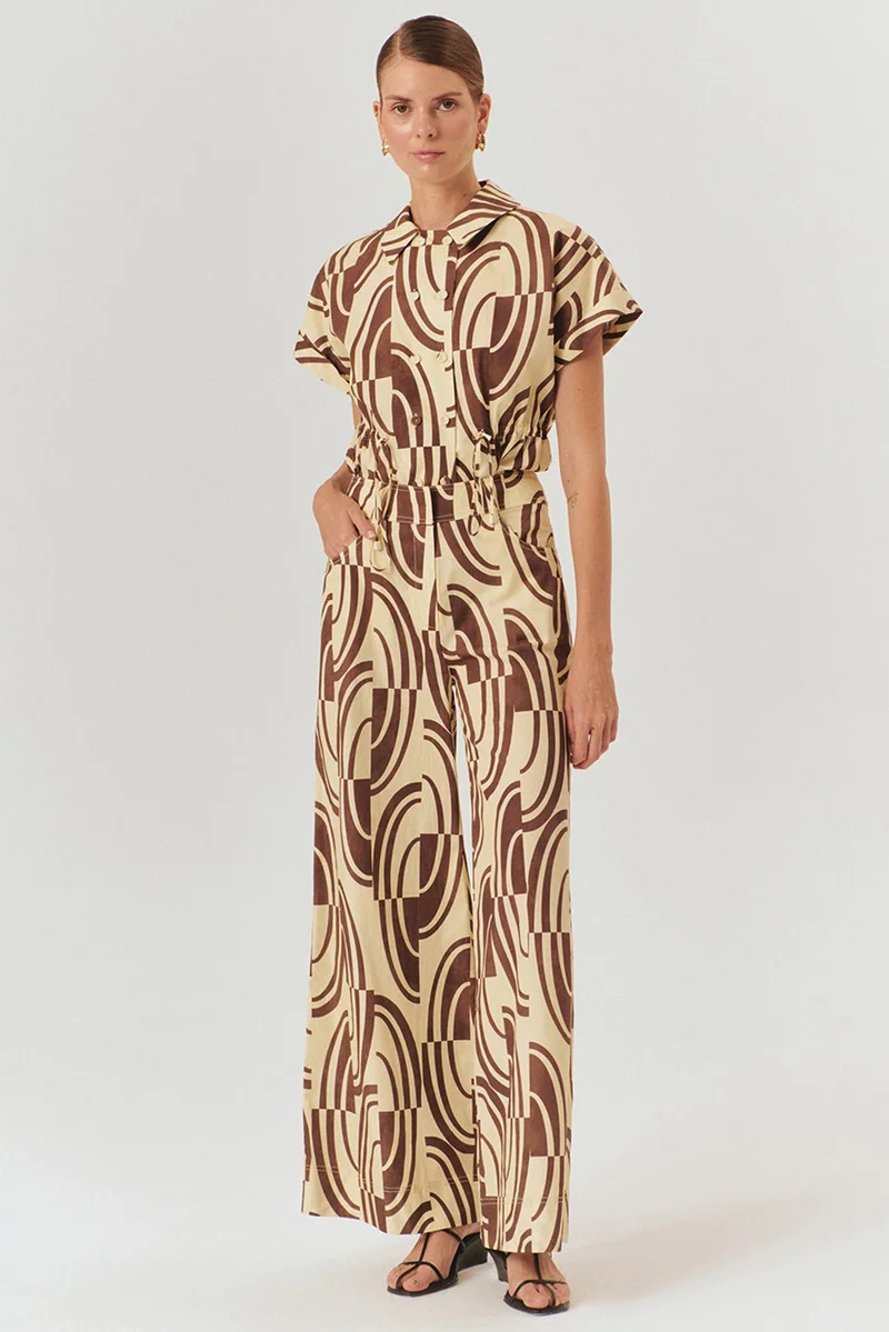EXQUISE Abstract Patterned Cotton Coffee-Bone Wide Leg Pants