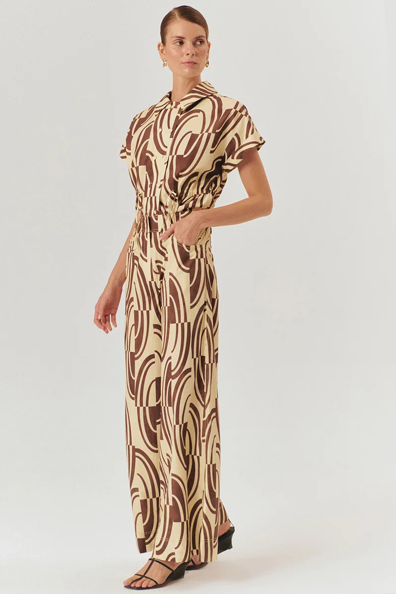 Exquise Abstract Patterned Cotton Coffee-Bone Wide Leg Pants
