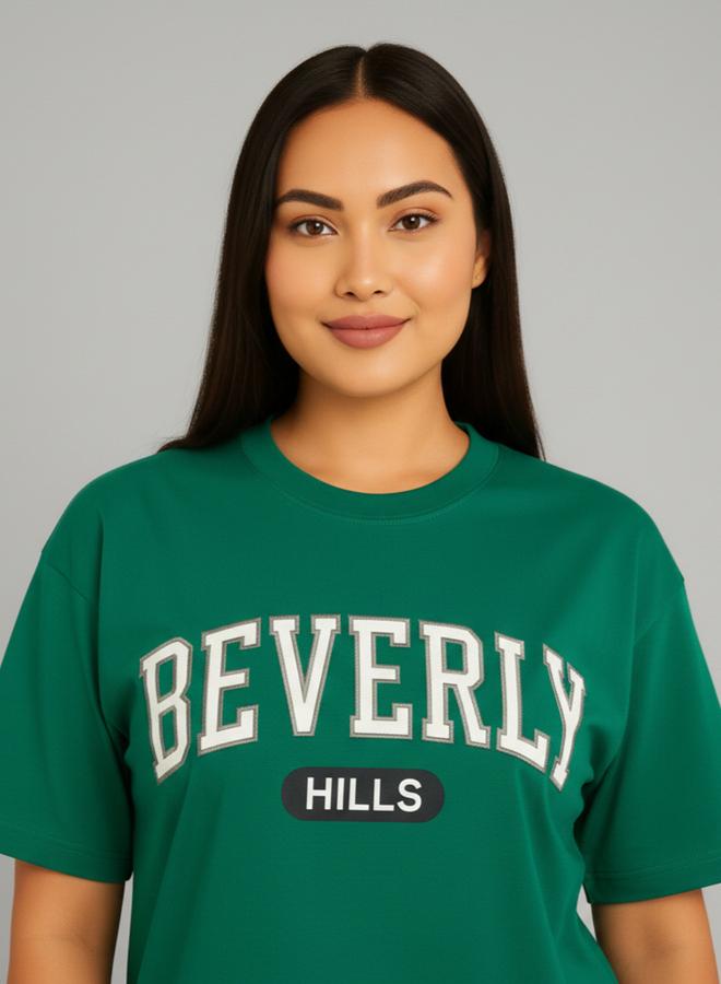 بوز تيشيرت بياقة دائرية مطبوع بقصة عادية من  الأخضر - Image 1