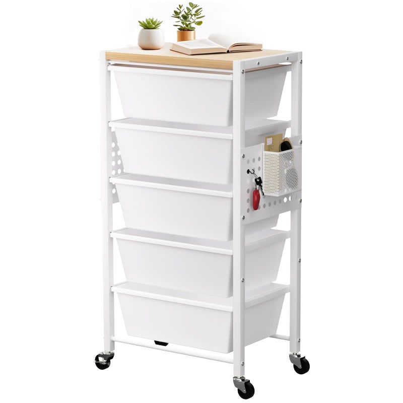 Time Forest Rolling Cart with 5 Drawers, Plastic Drawer Storage Carts with Wheels & Wooden Tabletop, Metal Utility Cart with Pegboards, Office Living Room Classroom Craft Organization and Storage, Bright White - Image 1