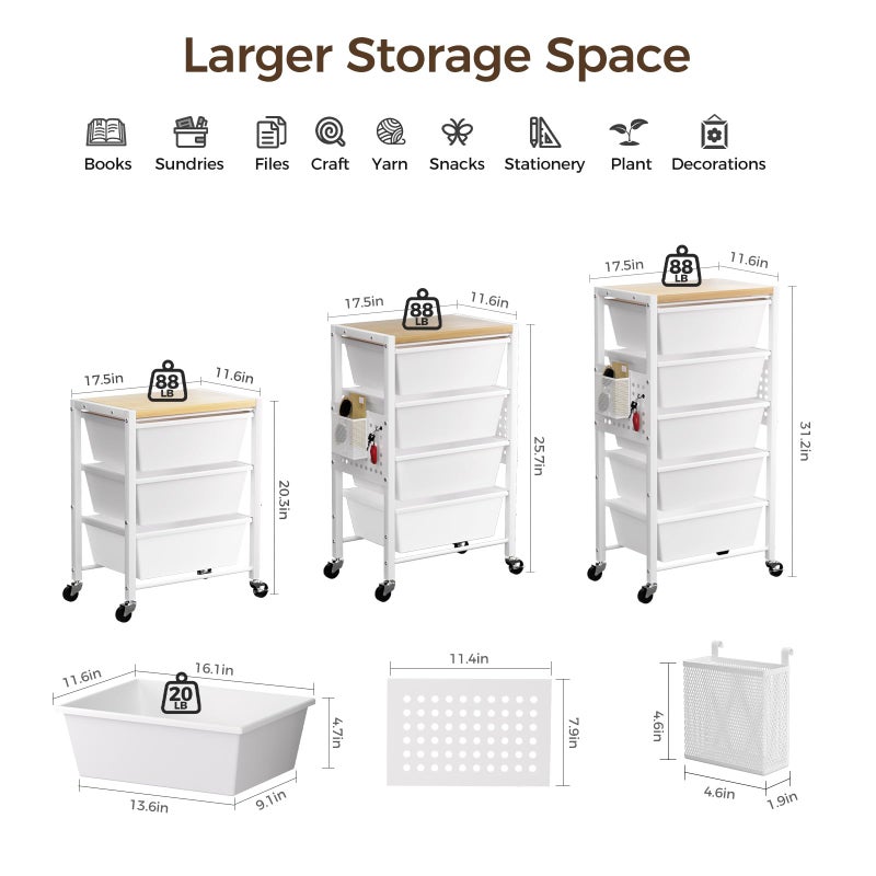 Time Forest Rolling Cart with 5 Drawers, Plastic Drawer Storage Carts with Wheels & Wooden Tabletop, Metal Utility Cart with Pegboards, Office Living Room Classroom Craft Organization and Storage, Bright White - Image 4