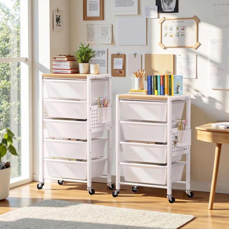 Time Forest Rolling Cart with 5 Drawers, Plastic Drawer Storage Carts with Wheels & Wooden Tabletop, Metal Utility Cart with Pegboards, Office Living Room Classroom Craft Organization and Storage, Bright White - Image 2