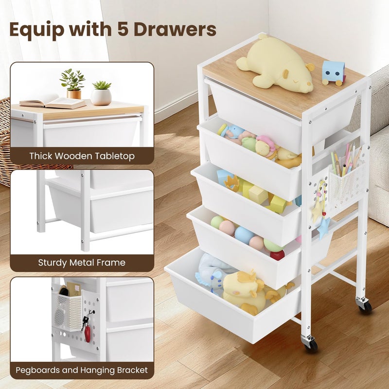 Time Forest Rolling Cart with 5 Drawers, Plastic Drawer Storage Carts with Wheels & Wooden Tabletop, Metal Utility Cart with Pegboards, Office Living Room Classroom Craft Organization and Storage, Bright White - Image 5