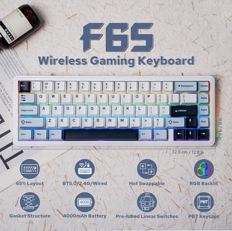 EPOMAKER x AULA F65 65% Wireless Mechanical Keyboard, Hot Swappable Gasket Custom Gaming Keyboard with Five-Layer Padding, RGB Backlit, Bluetooth/2.4GHz/USB-C (Light Blue, Reaper Switch) - Image 2