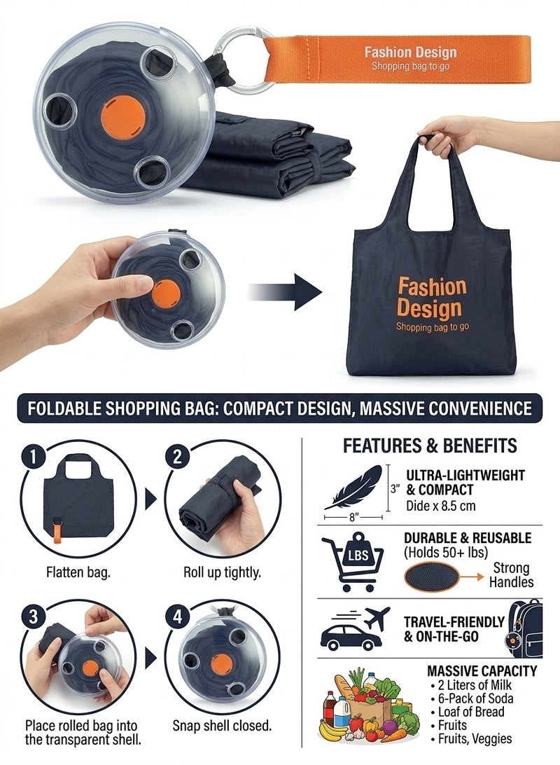 Liboer Portable Roll-Up Reusable Shopping Bag, Foldable Grocery Tote with Compact ABS Dispenser Case & Carabiner Clip, Large Capacity High-Density Nylon Eco-Bag for Travel, Supermarket & Outdoors - Image 4