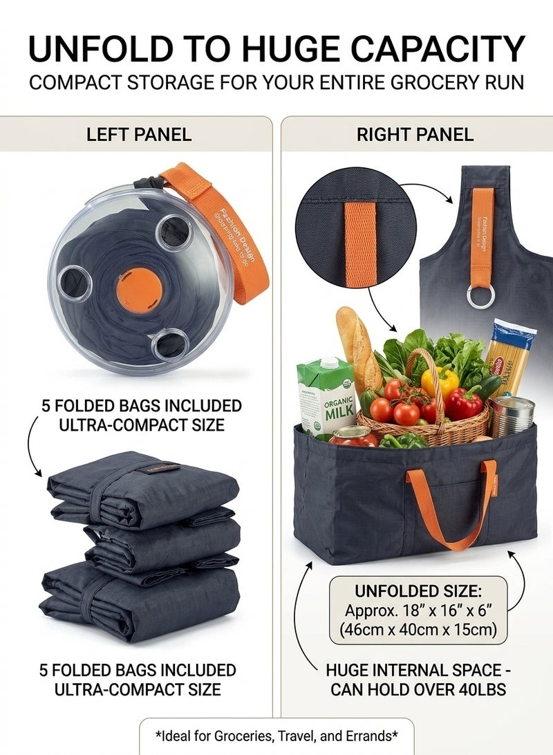 Liboer Portable Roll-Up Reusable Shopping Bag, Foldable Grocery Tote with Compact ABS Dispenser Case & Carabiner Clip, Large Capacity High-Density Nylon Eco-Bag for Travel, Supermarket & Outdoors - Image 5