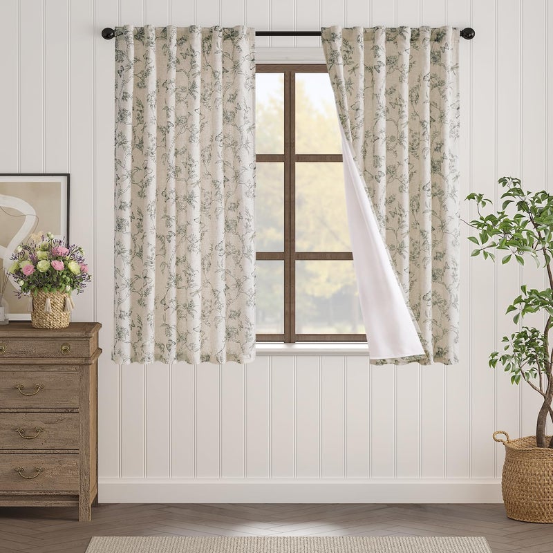 Lazzzy Charlotte Lined Linen Farmhouse Grey Floral Curtains 63 Inch Length Back Tab Drapes for Living Room Bedroom Light Filtering Country Vintage Rod Pocket, 2 Panels, Gray on Beige - Image 2