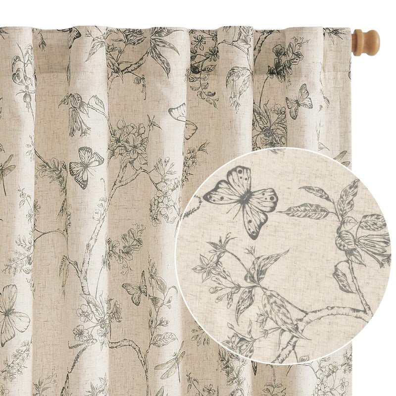 Lazzzy Charlotte Lined Linen Farmhouse Grey Floral Curtains 63 Inch Length Back Tab Drapes for Living Room Bedroom Light Filtering Country Vintage Rod Pocket, 2 Panels, Gray on Beige - Image 1