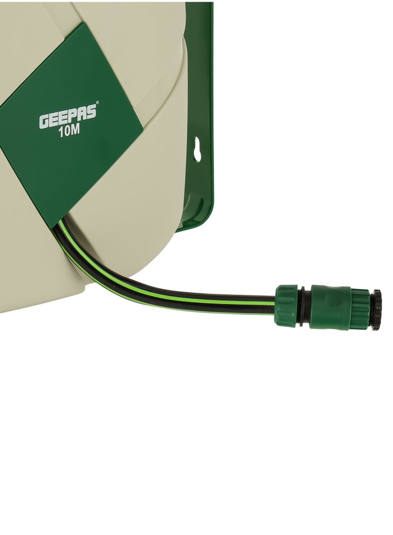 GEEPAS Geepas 10 M Auto Rewind Hose Reel GWH59375, Stop Anywhere Lock Mechanism and Auto Retract Hose Reel, 180-Degrees Swivel Mount Bracket with Full Set Hand Spray and Hose Settings for Gardening  - Image 4