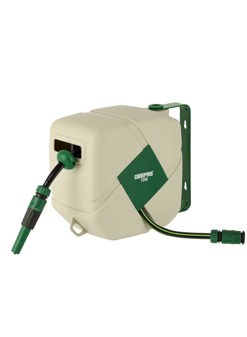 GEEPAS Geepas 10 M Auto Rewind Hose Reel GWH59375, Stop Anywhere Lock Mechanism and Auto Retract Hose Reel, 180-Degrees Swivel Mount Bracket with Full Set Hand Spray and Hose Settings for Gardening  - Image 1