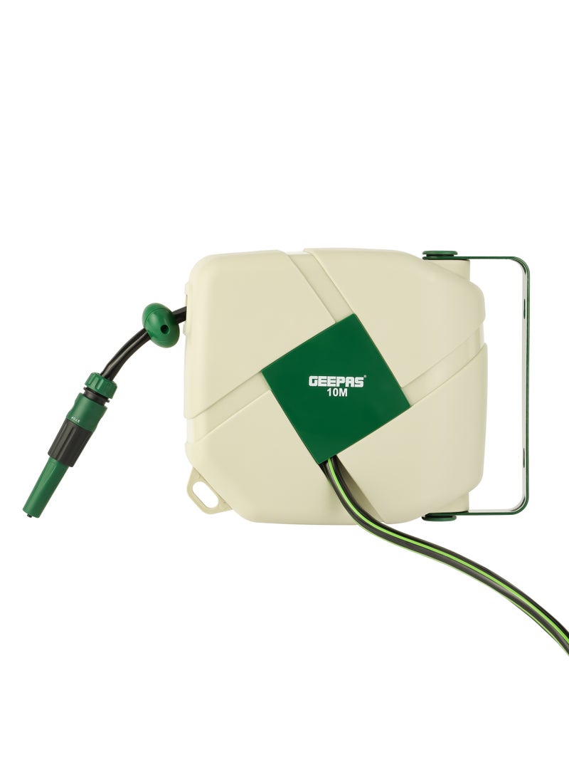 GEEPAS Geepas 10 M Auto Rewind Hose Reel GWH59375, Stop Anywhere Lock Mechanism and Auto Retract Hose Reel, 180-Degrees Swivel Mount Bracket with Full Set Hand Spray and Hose Settings for Gardening  - Image 2