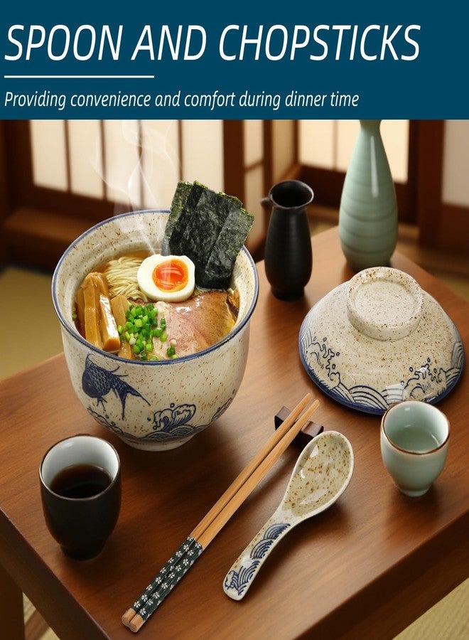 Nagpew 2 Pieces Ceramic Ramen Bowls, 25 Oz Large Soup Bowl with Lid, Spoon, Chopstick, Hand-painted Japanese Tableware for Noodles, Salad, Rice, Microwave Dishwasher safe - Image 5