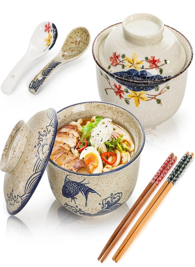 Nagpew 2 Pieces Ceramic Ramen Bowls, 25 Oz Large Soup Bowl with Lid, Spoon, Chopstick, Hand-painted Japanese Tableware for Noodles, Salad, Rice, Microwave Dishwasher safe - Image 1