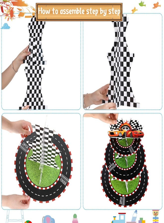 نوينن حامل كب كيك من ثلاث طبقات بتصميم سيارة سباق من نونين، مصنوع من الورق المقوى، مثالي لحفلات أعياد ميلاد الأولاد والأطفال. - Image 4