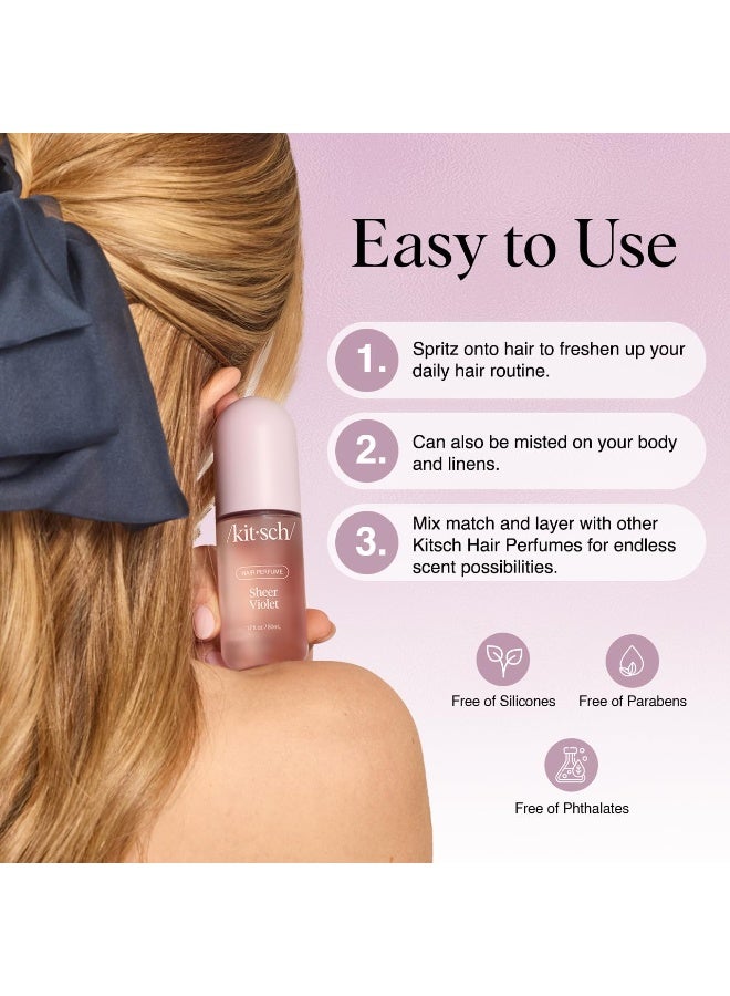 Kitsch Kitsch Sheer Violet Hair Perfume For Women - Clean, Deodorizing, and Patented Odor-Eliminating Technology, Body Mist - Freshen Hair, Body & Pillows - Fruity Raspberry, Violet & Soft Musk Scent - 50ml  - Image 3