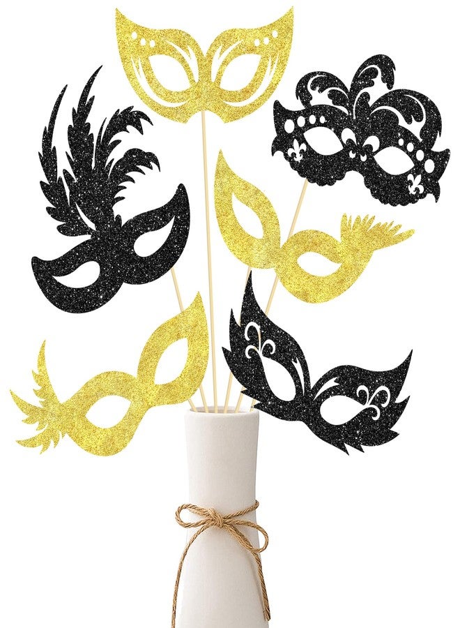 اوموني أعواد تزيين طاولة على شكل قناع تنكري من أوموني، 12 قطعة، لامعة باللونين الأسود والذهبي، لتزيين الطاولات، زينة على شكل قناع البندقية، ديكورات حفلات تنكرية، لوازم حفلات ماردي غرا وأعياد الميلاد وحفلات توديع العزوبية - Image 1