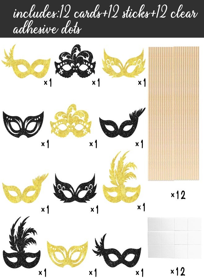 اوموني أعواد تزيين طاولة على شكل قناع تنكري من أوموني، 12 قطعة، لامعة باللونين الأسود والذهبي، لتزيين الطاولات، زينة على شكل قناع البندقية، ديكورات حفلات تنكرية، لوازم حفلات ماردي غرا وأعياد الميلاد وحفلات توديع العزوبية - Image 3