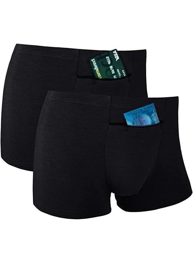 HR Men's Hide Your Stash Boxer Briefs with Secret Hidden Pocket Underwear, 2 Packs (Black), Black, L - Image 3