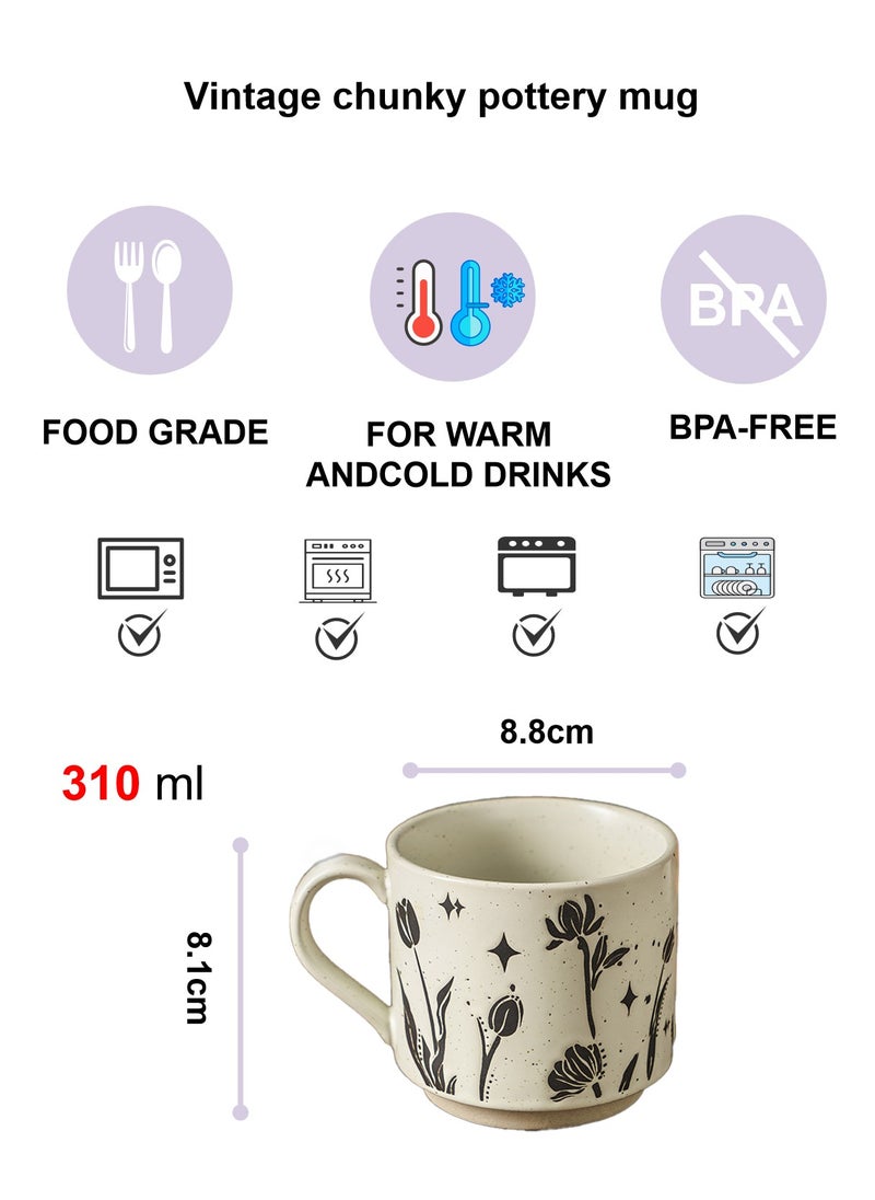 Ceramic Mug, Coarse Pottery Floral Style, For Coffee Tea Cold Drinks, Microwave & Dishwasher Safe, 310Ml  - Image 3
