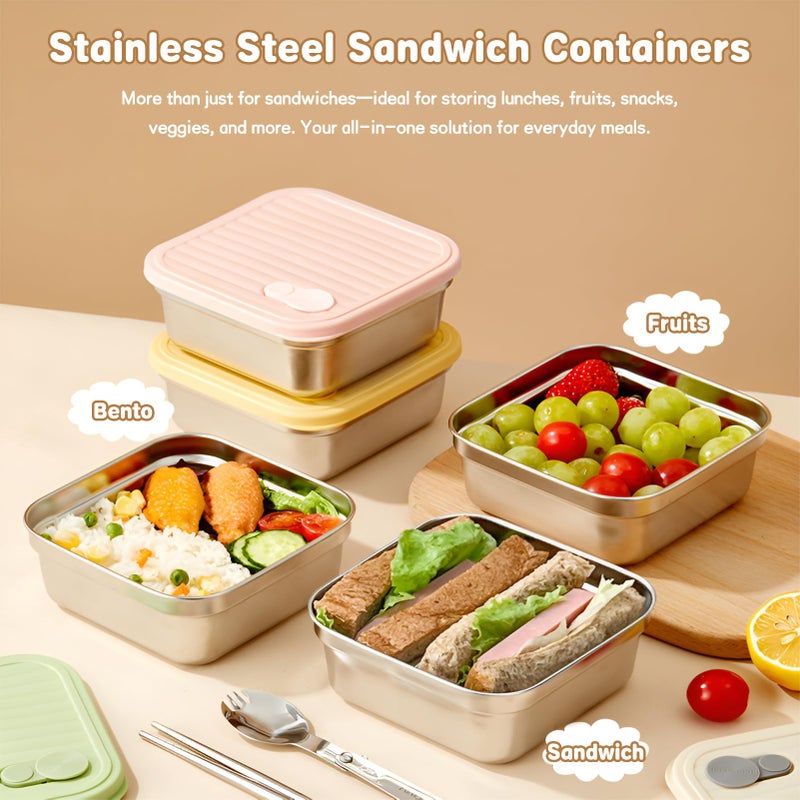 CLWVPCOT 4 Pack Sandwich Containers, 20oz Stainless Steel Sandwich Box with Lids, Reusable Metal Meal Prep Lunch Boxes, BPA-Free, Dishwasher Safe, Food Storage Containers for Snacks & Fruits - Image 2