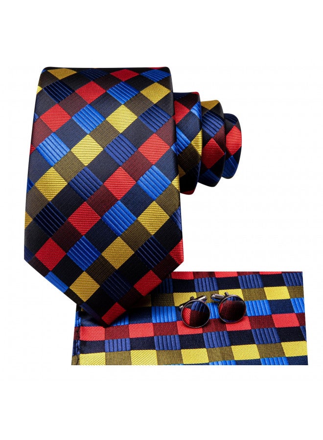 Hi-Tie Mens Plaid Ties Classic Paisley Necktie with Handkerchief Cufflinks Set Business Stripe Tie,Red Yellow Blue - Image 1